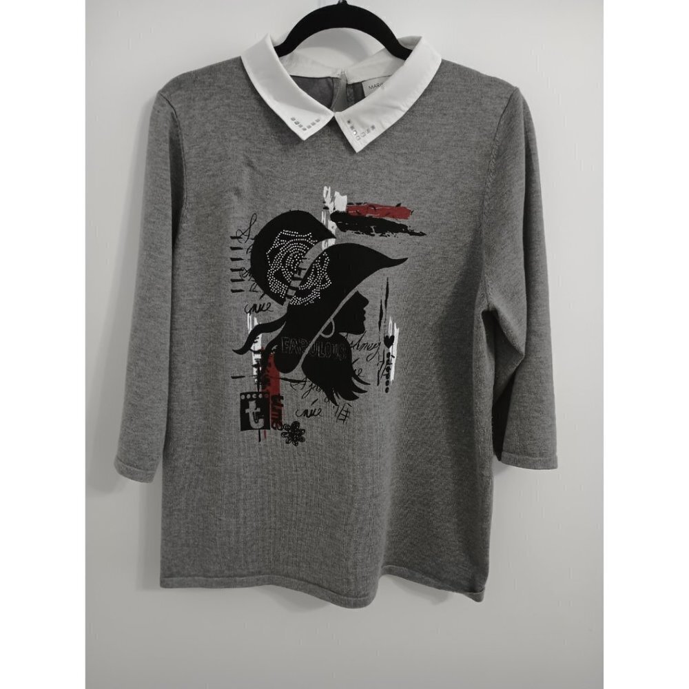 Marie-Claire 3/4 sleeves gray sweater with front print and strass size XL